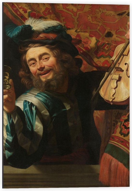 Dibond - Oude meesters - Een vrolijke vioolspeler, Gerard van Honthorst, 1623 - 40x60cm Foto op Aluminium (Wanddecoratie van metaal)