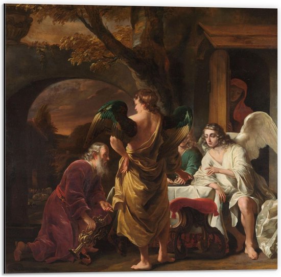 Dibond - Oude meesters - Abraham ontvangt de drie engelen, Ferdinand Bol - 50x50cm Foto op Aluminium (Wanddecoratie van metaal)