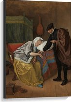 Canvas  - Oude meesters - De zieke vrouw, Jan Havicksz. Steen - 60x90cm Foto op Canvas Schilderij (Wanddecoratie op Canvas)