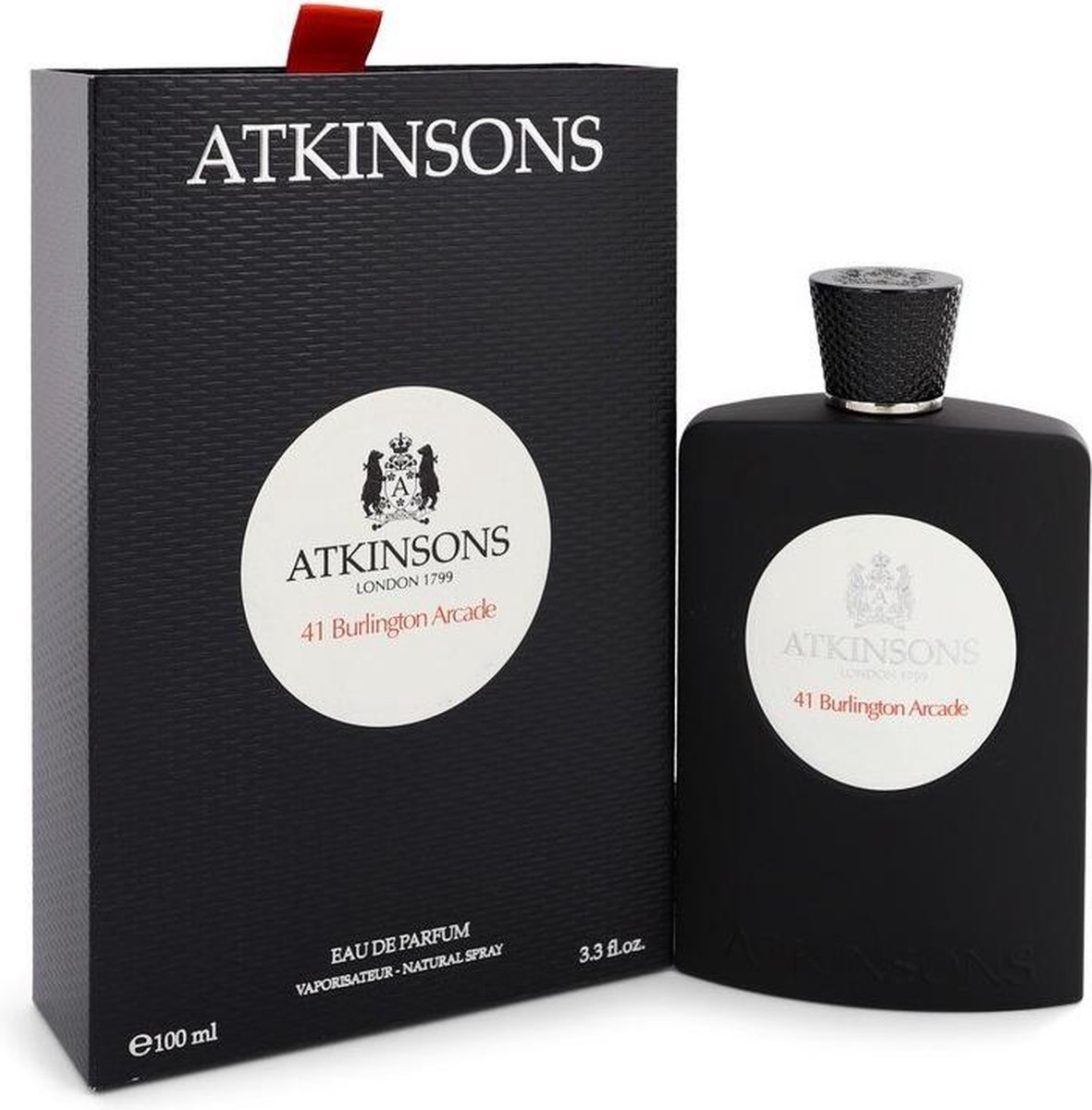 Zwarte Atkinsons '41 Burlington Arcade' Eau de Parfum fles met reliëf logo.