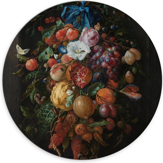 Dibond Wandcirkel - Oude meesters - Festoen van vruchten en bloemen, Jan Davidsz. de Heem - 70x70cm Foto op Aluminium Wandcirkel (met ophangsysteem)