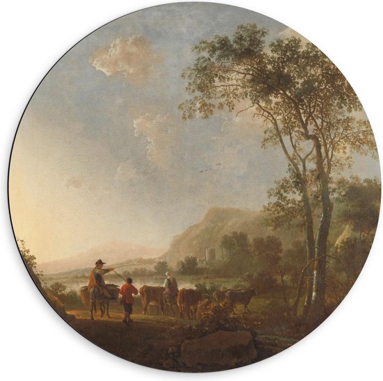 Dibond Wandcirkel - Oude meesters - Landschap met herders en vee, Aelbert Cuyp - 60x60cm Foto op Aluminium Wandcirkel (met ophangsysteem)