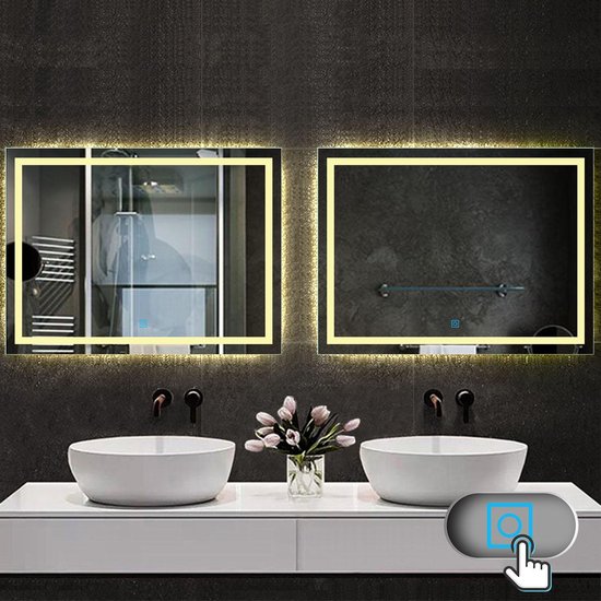Miroir de salle de bain rectangulaire à LED 90x60 cm, bandes lumineuses  étroites... | bol.com