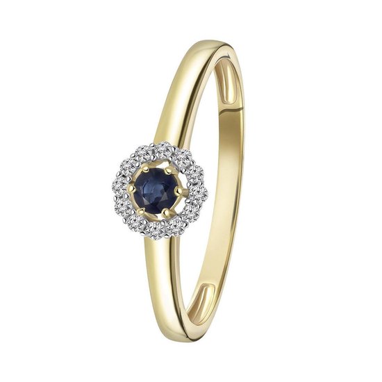 Lucardi Dames Ring saffier en 12 diamanten 0,08ct - Ring - Cadeau - 14 Karaat Goud - Geelgoud