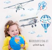 Muursticker | Deursticker | Meubelsticker | Tofok | Kinderkamer | babykamer | vliegtuig | ballon |luchtballon | Blauw