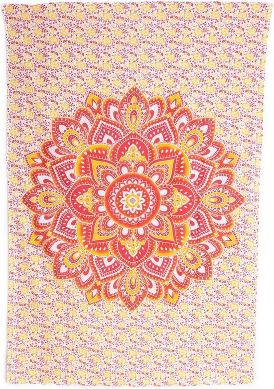 Authentiek Wandkleed Katoen met Rood Oranje Mandala en Bloemen (215 x 135 cm)