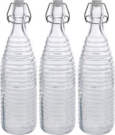 3x Glazen flessen transparant strepen met beugeldop 1000 ml - Keukenbenodigdheden - Woondecoratie - Tafel dekken - Koude dranken serveren/bewaren - Olie/azijn flessen - Decoratie flessen