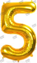 Folie ballon XL 100cm met opblaasrietje - cijfer 5  goud - 5 jaar folieballon - 1 meter groot met rietje - Mixen met andere cijfers en/of kleuren binnen het Jumada merk mogelijk
