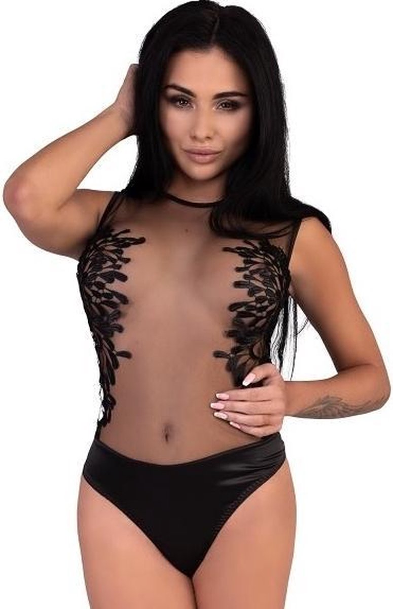 Goedkoopste Doorzichtige Lingerie Body met Zwart motief Maat 38