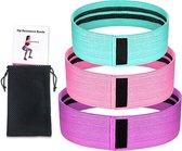 Set van 3 Weerstandsbanden - Pastel kleuren - Resistance bands - Weerstandselastieken - Fitnessbanden - Paars - Roze - Groen - inclusief travelbag