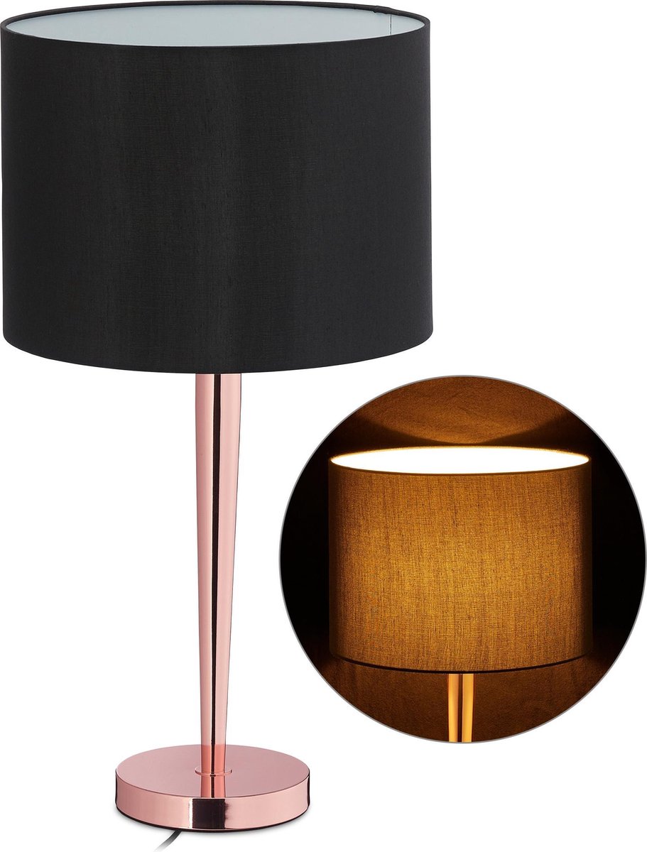 relaxdays tafellamp koper - schemerlamp groot - tafellampje E27 - nachtlamp  zwart - rond | bol.com