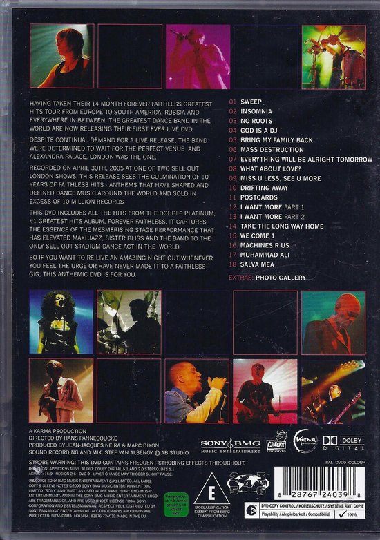Achterkant van de DVD-hoes met tracklist, afbeeldingen van artiesten en concerten, en logo's.