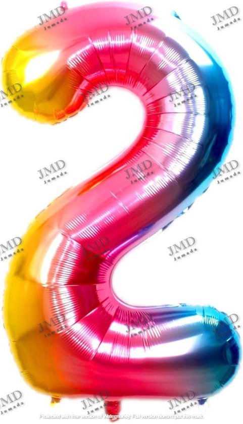 Folie ballon XL 100cm met opblaasrietje - cijfer 2 regenboog - 2 jaar folieballon - 1 meter groot met rietje - Mixen met andere cijfers en/of kleuren binnen het Jumada merk mogelijk