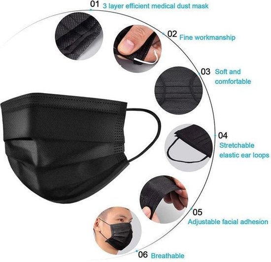Mondkapje wasbaar + masker verlenger - Mondmasker - Face Mask - Gezichtsmasker - Gezichtsbescherming – Adembescherming - Herbruikbaar – niet medisch - met elastiek - ecologisch - 3-laags - volwassenen - zwart - PRVNTS