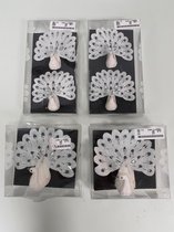 Feestdecoratie: sierlijke pauw op clipjes (wit/glitter) - set van 6 stuks in totaal