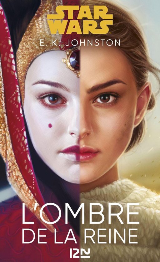 Couverture du livre 'L'Ombre de la Reine' avec un visage divisé entre tenue royale et tenue civile.