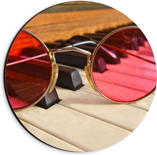 Dibond Wandcirkel - Roze Bril op Piano - 20x20cm Foto op Aluminium Wandcirkel (met ophangsysteem)