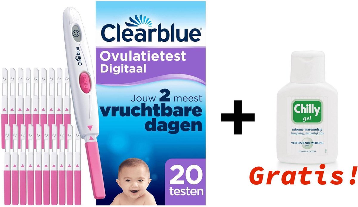 Clearblue Digitaal Ovulatietestset (OVS) met 20 testen + 1x CHILLY WASEMULSIE GEL GRATIS