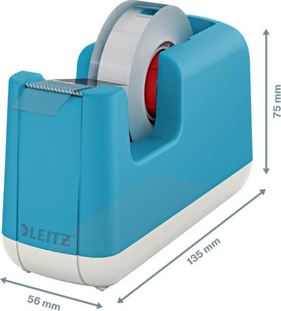Blauwe Leitz plakbandhouder met witte basis en afmetingen.