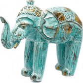 Hout Gesneden Olifant Beeld - Turquoise & Goud - Handgemaakt - 8x27x24cm