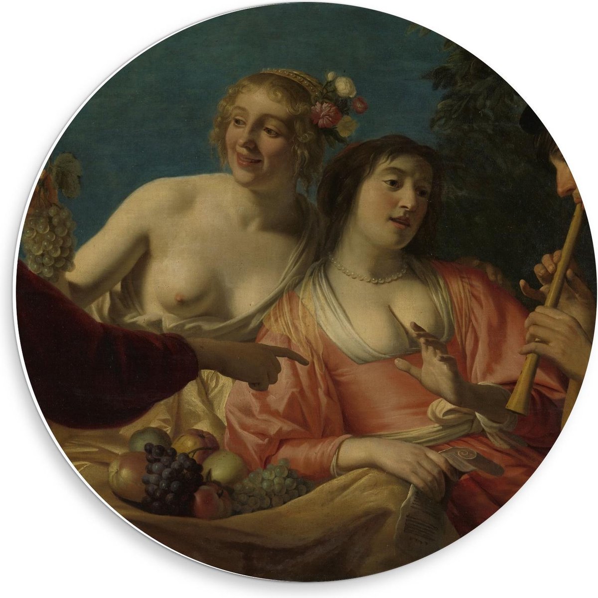 KuijsFotoprint Schilderij - Oude Meesters Fluitspelende Herder Herderinne. Gerard V Honthorst - Blauw, Bruin En Roze - 50 X 50 Cm