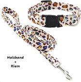 Halsband met riem hond - Hondenriem - Halsband - Leiband - motief - katoen - leopard - luipaard - beige / geel / blauw / groen / zwart - stevig - katoen - 120 x 2 cm / 30/47 x 2 cm