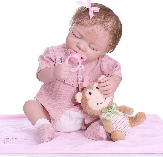 Reborn baby pop 'Joanne' - 48 cm - Meisje met roze outfit, speen en knuffel  - Ogen... | bol.com
