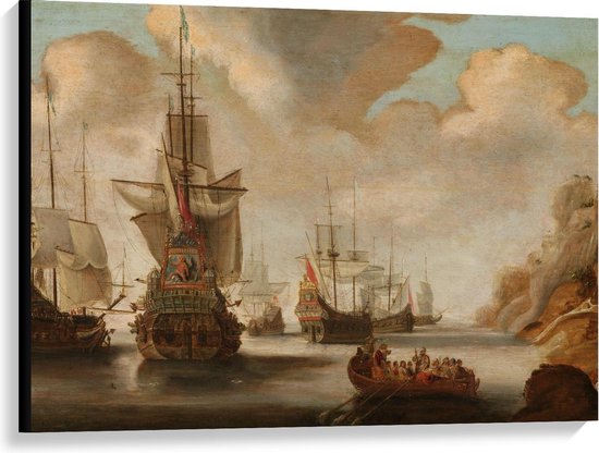 Canvas  - Oude Meesters - Eskader bij rotsachtig kust, Jacob Adriaensz Bellevois - 100x75cm Foto op Canvas Schilderij (Wanddecoratie op Canvas)