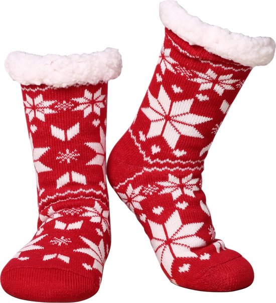 JAXY - Huissokken Dames - Verwarmde Sokken - Anti Slip Sokken - Huissokken - Bedsokken - Warme Sokken - Kerstcadeau Voor Vrouwen - Thermosokken - Dikke Sokken - Fluffy Sokken - Kerstsokken Dames en Heren - Sneeuwvlokken Rood