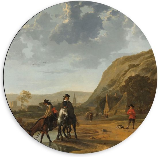 Dibond Wandcirkel - Oude Meesters - Rivierlandschap met ruiters, Aelbert Cuyp, 1653 - 1657 - 60x60cm Foto op Aluminium Wandcirkel (met ophangsysteem)