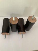 Set van 4 stuks houten Boxspring Bedden Meubelpoten Wengé (donker bruin) Beuken Rond 12 cm hoogte 5 cm doorsnede met M8 draadeinde