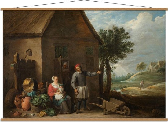 Schoolplaat – Oude Meesters - Een boer, vrouw & kind voor boerderij, David Teniers - 150x100cm Foto op Textielposter (Wanddecoratie op Schoolplaat)