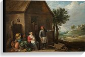 Canvas  - Oude Meesters - Een boer, vrouw & kind voor boerderij, David Teniers - 60x40cm Foto op Canvas Schilderij (Wanddecoratie op Canvas)