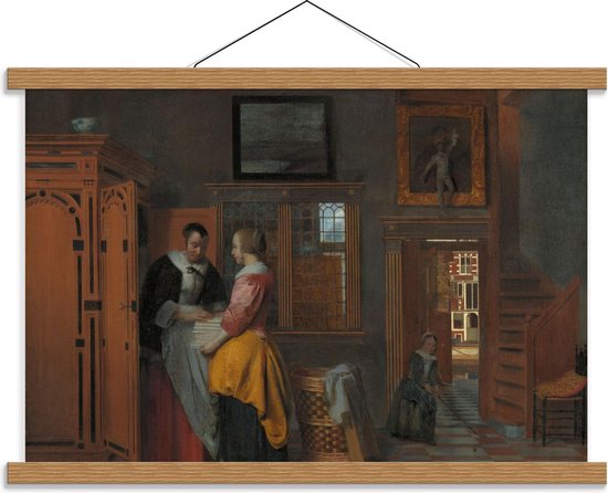 Schoolplaat – Oude meesters - Binnenhuis met vrouwen bij linnenkast, Pieter de Hooch - 60x40cm Foto op Textielposter (Wanddecoratie op Schoolplaat)