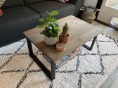 Industriële eikenhouten salontafel, kleur: black wash | U-onderstel mat zwart