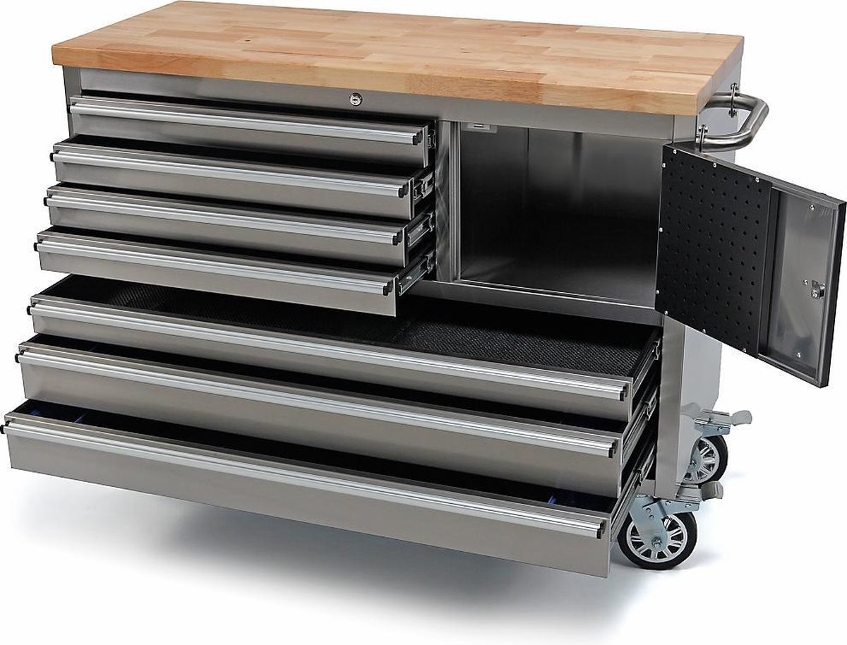Professionele RVS Gereedschapswagen / Werkbank met Houten Blad (122 cm)