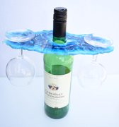 Wijnfleshouder - Epoxy - 2 Glazen - Blauw - Wijnglashouder - Wijnaccessoires - Wijn - 25cm x 10cm