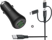Pro User Set 36W Dual auto USB lader  + 3-in-1 USB-kabel Zwart