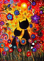 Diamond Painting – Romantisch Poezen paar in Bloemenveld -  40 x 30  cm – Volledige bedekking – Vierkante steentjes – Compleet pakket inclusief tools – Verliefde katten in de zon – Soul Art -