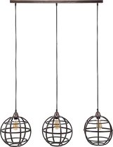Design hanglamp 120 cm met 3 bolvormige metalen lampenkappen in antieke koperkleur.
