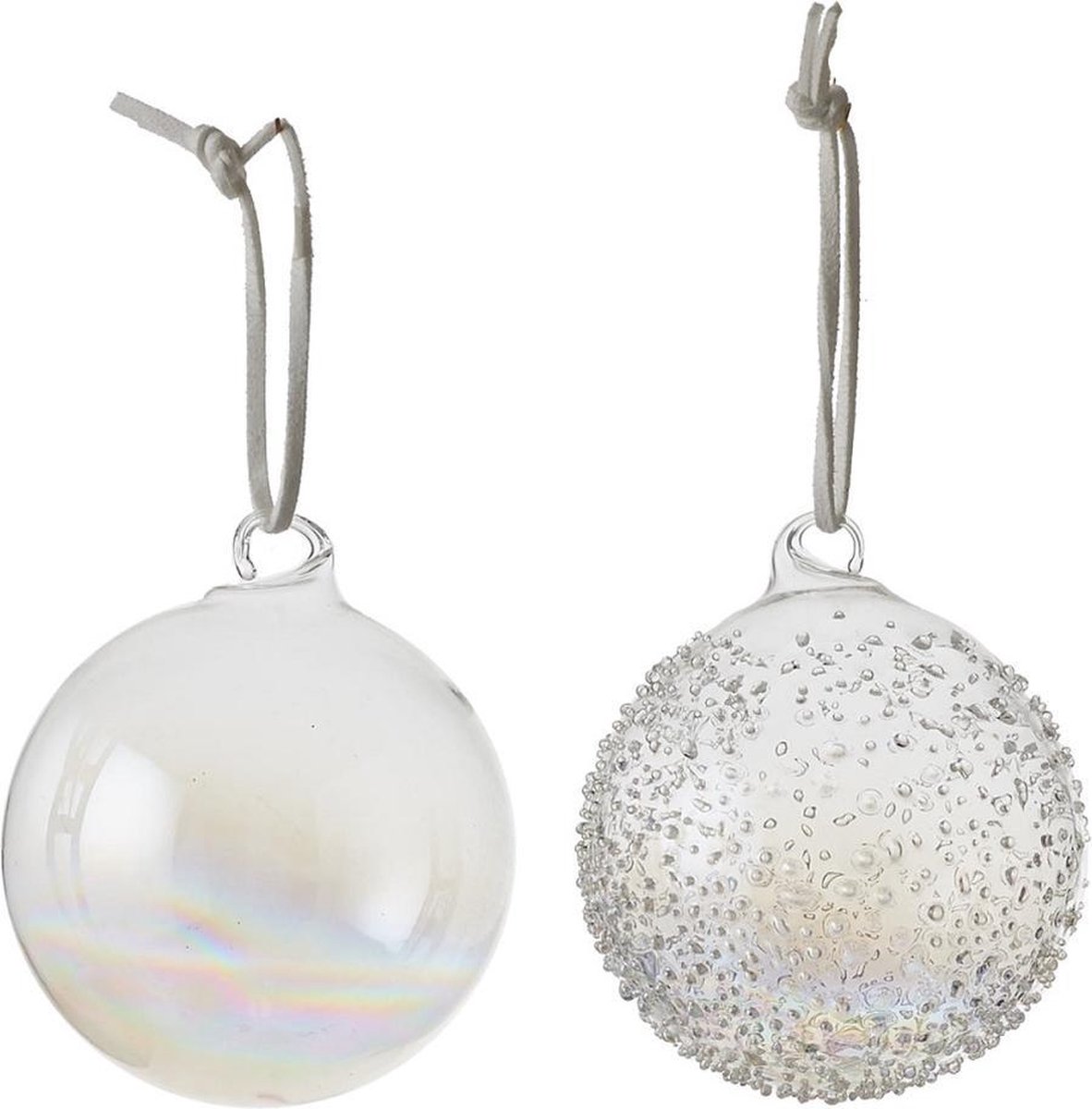 2x Glazen transparant parelmoer kerstballen 7 cm kerstboomversiering