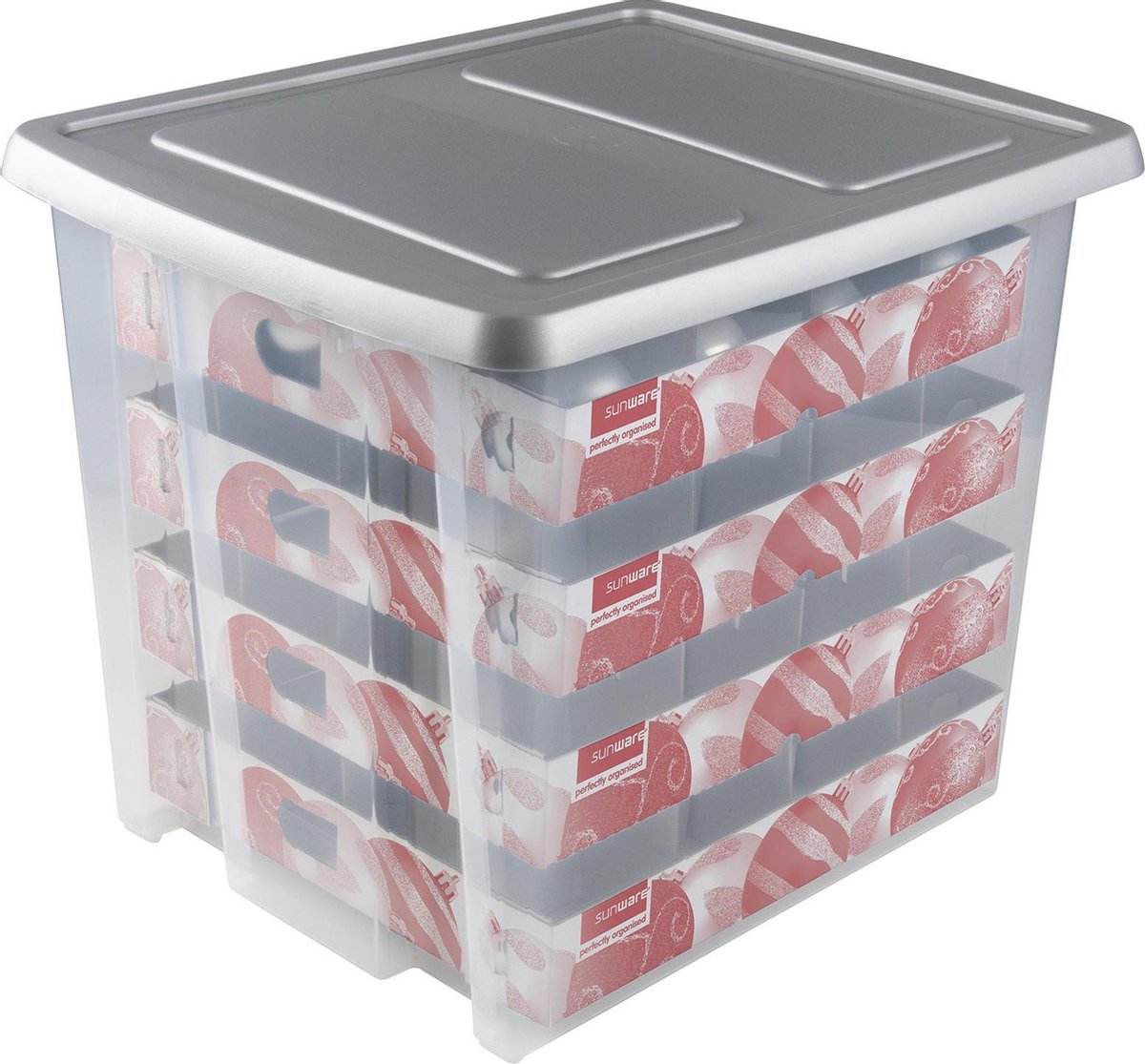 Nesta kerst opbergbox 45L met trays voor 64 ballen transparant grijs