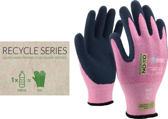 Roze en donkerblauwe OX-ON Recycle tuinhandschoenen met recycle-logo.