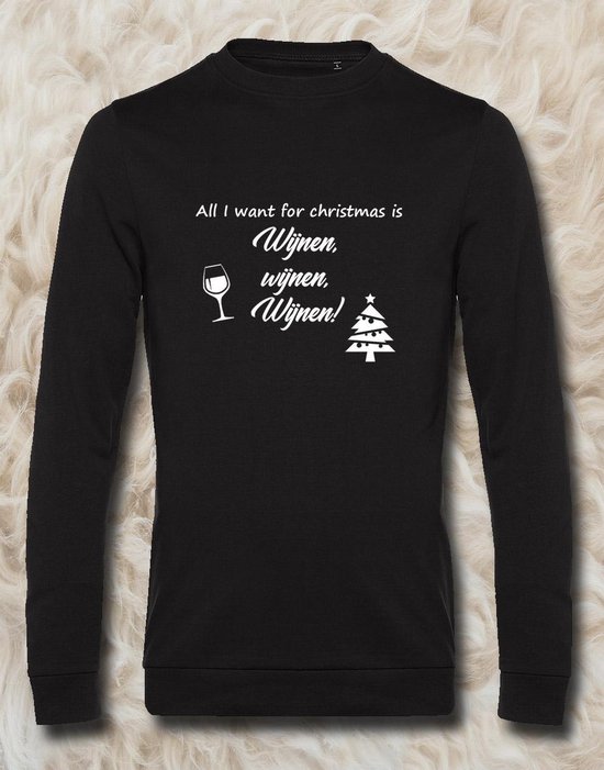 Sweater met opdruk “All I want for christmas is Wijnen wijnen wijnen”,  Zwarte sweater... | bol.com