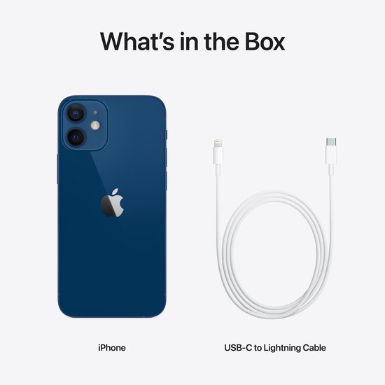 Blauwe iPhone 12 Mini en USB-C naar Lightning-kabel.