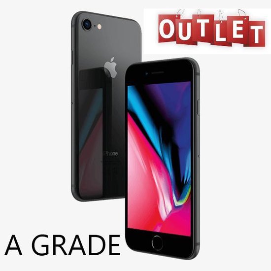 Donkergrijze iPhone 8 van voren en achteren, met de tijd en datum op het scherm. Bovenin staat 'OUTLET A GRADE'.