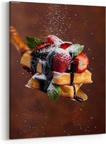 Schilderij - Belgian waffles with strawberries, mint and chocolate sauce, sprinkled with powdered sugar — 60x90 cm