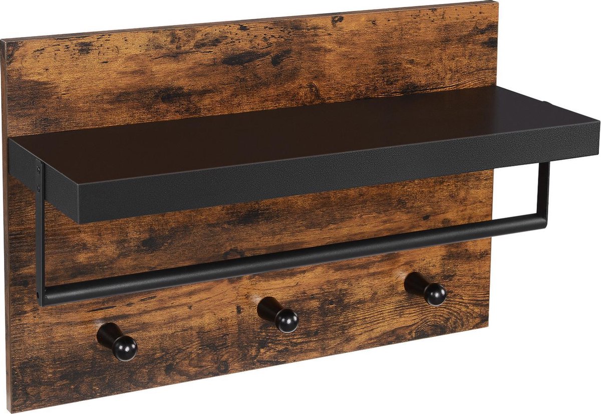 IN-HOME industrieel WALES Kapstok met Hoedenplank - Wandkapstok in Metaal / Hout - 60 x 21.5 x 40 cm - Bruin / Zwart - IN-HOME