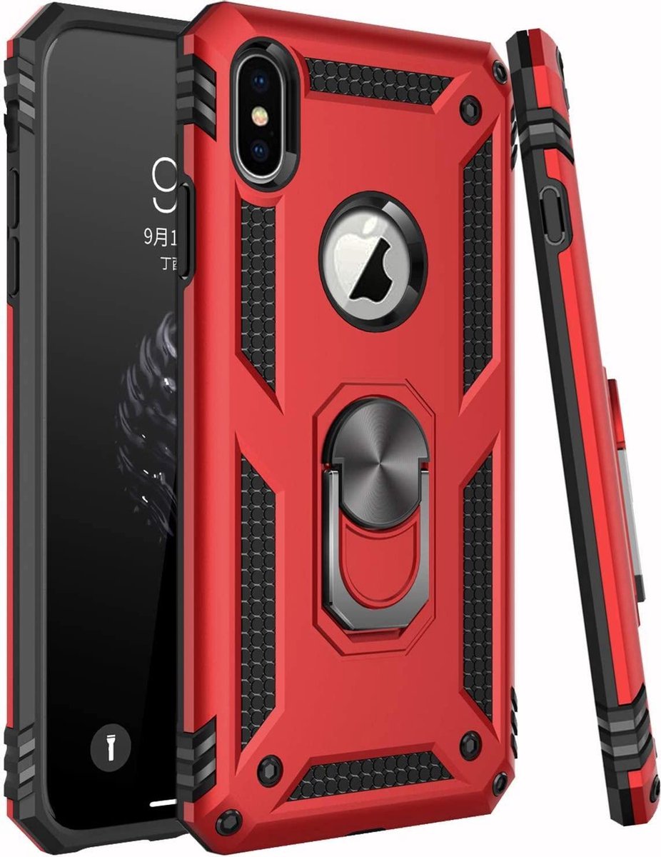Anti-Shock Hybrid Ring Armor Hoesje - Geschikt voor: iPhone XS Max - rood