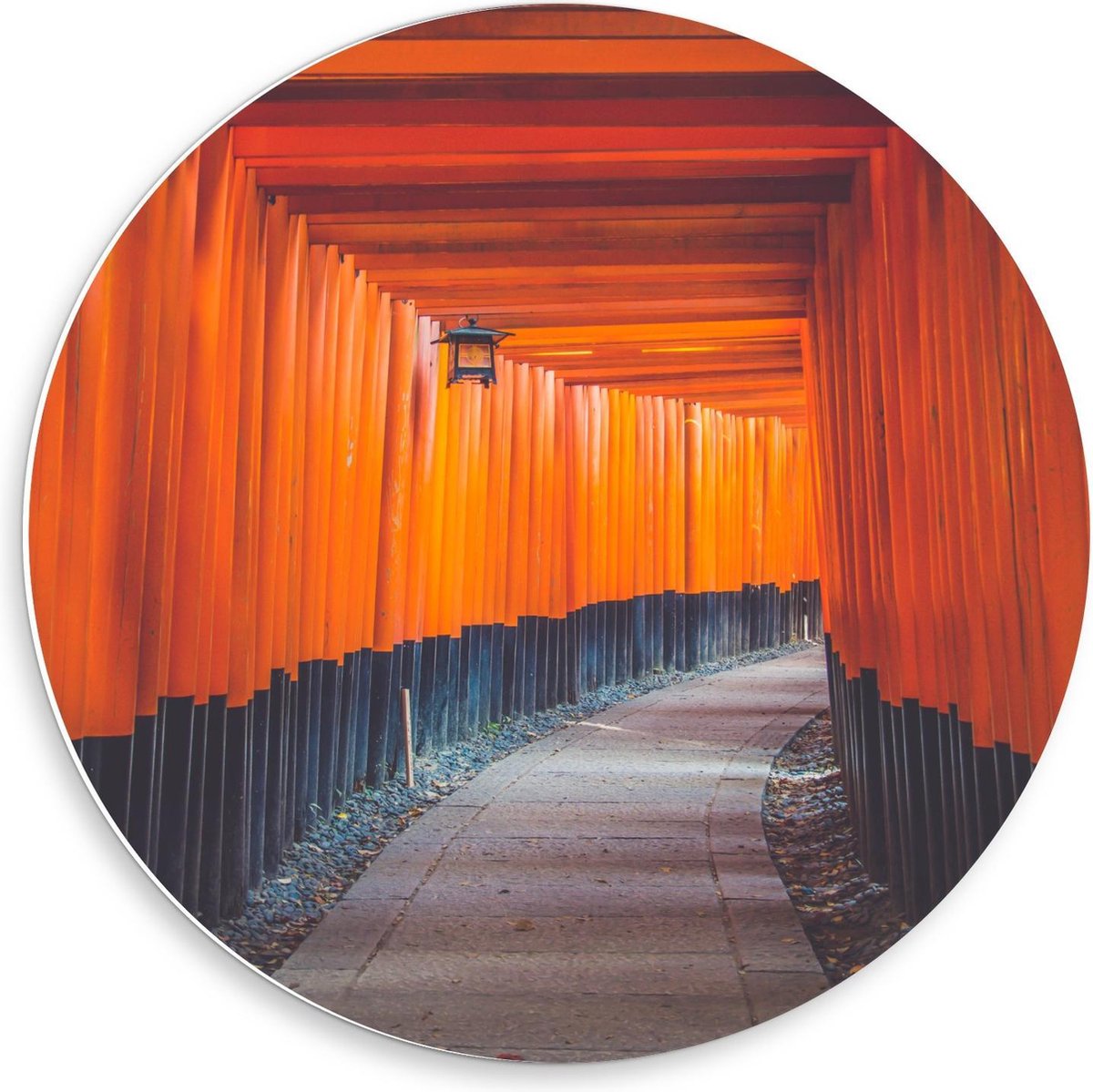 Forex Wandcirkel - Gang van Oranje Palen - 50x50cm Foto op Wandcirkel (met ophangsysteem)